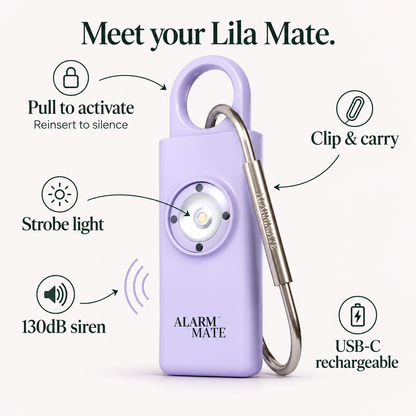 Lila Mate features: pull pin activation, reinsert to silence, 130dB siren, strobe light, USB-C rechargeable and keychain clip.