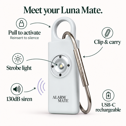 Luna Mate features: pull pin activation, reinsert to silence, 130dB siren, strobe light, USB-C rechargeable and keychain clip.