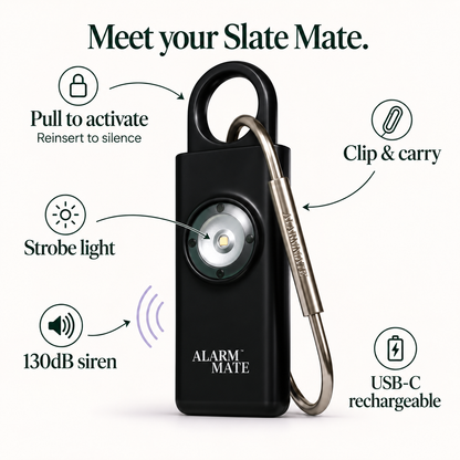Slate Mate features: pull pin activation, reinsert to silence, 130dB siren, strobe light, USB-C rechargeable and keychain clip.